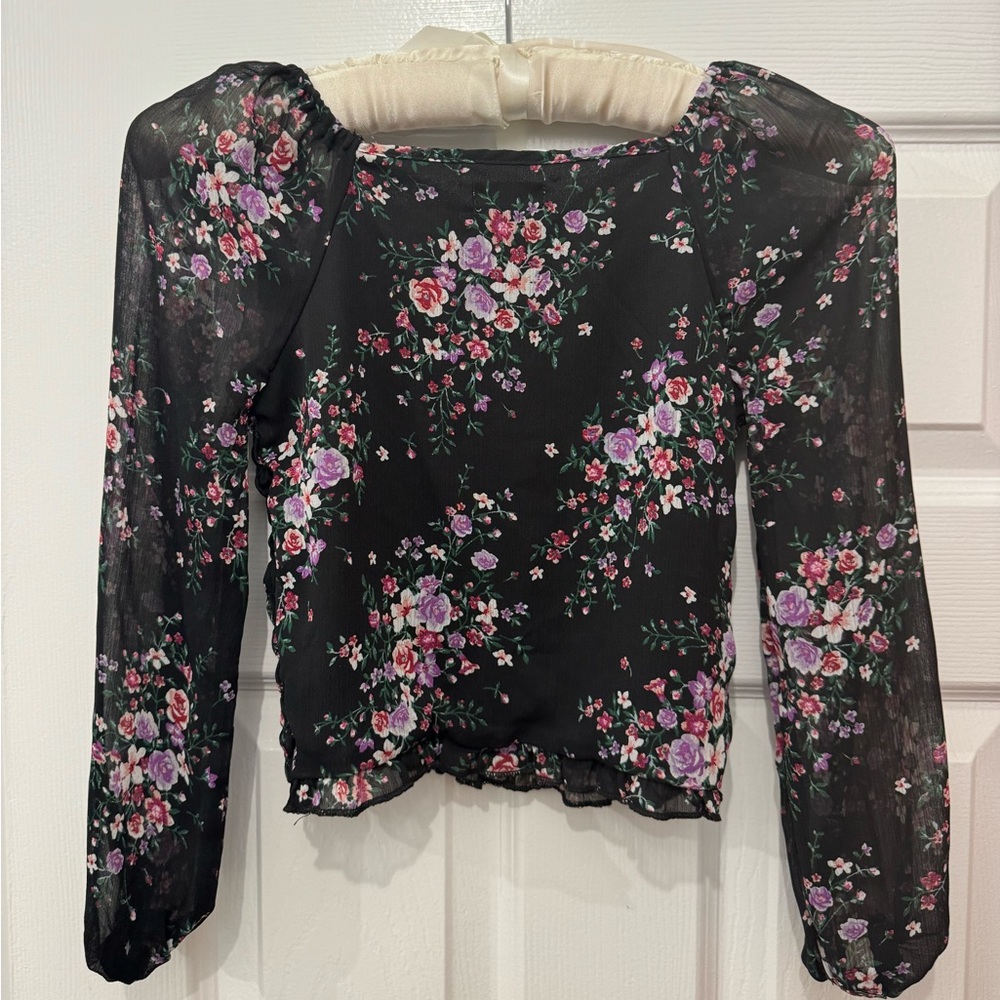 Love, Fire Kids’ Smocked Balloon Sleeve Top in Black Floral